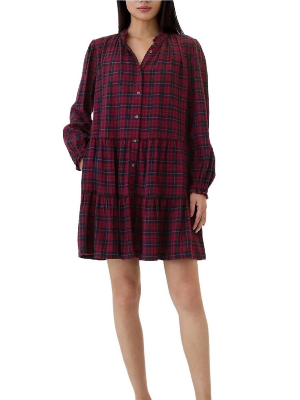GAP Red Navy Plaid Tiered Button Front Mini Dress Medium Flannel